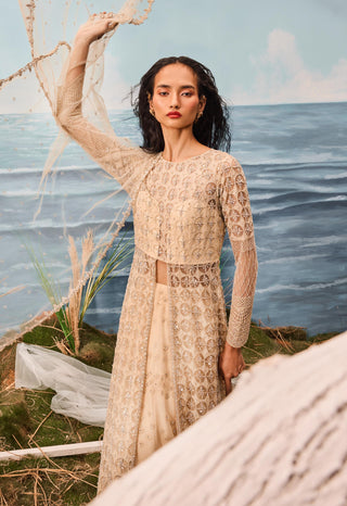 Beige florentia jacket with lehenga and dupatta