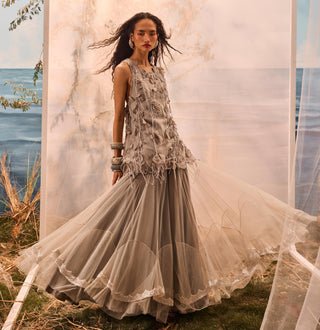 Gray florentia top with lehenga and stole