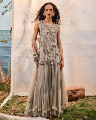 Gray florentia top with lehenga and stole