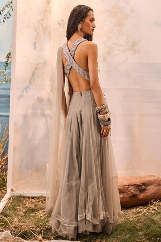 Gray florentia top with lehenga and stole