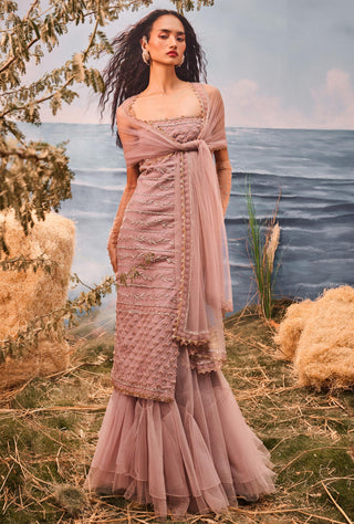 Burnt pink florentia dress with lehenga and dupatta