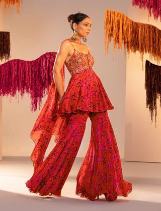 Rust orange peplum, gharara and choker dupatta