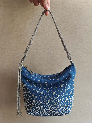 Blue blingy bag with braided rhinestone strap