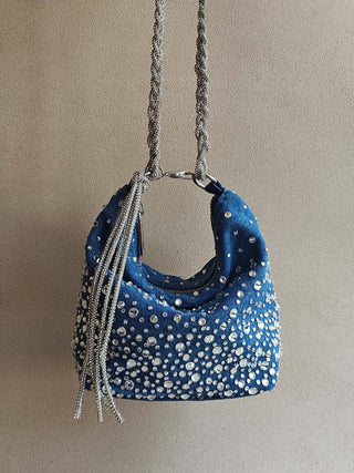 Blue blingy bag with braided rhinestone strap