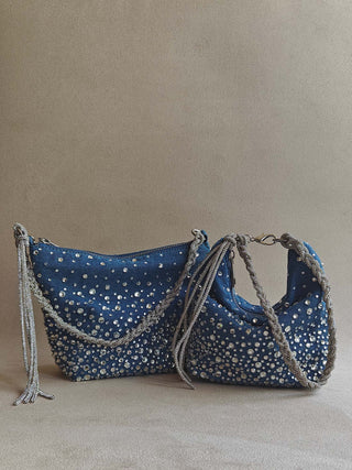 Blue blingy bag with braided rhinestone strap