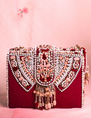 embellished box bag for Indian Wedding – Sara maroon box bag by House of Kosha
