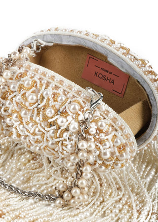 Clutch bag for women for Indian Wedding – Chloe ivory clutch with pearl hanging by House of Kosha