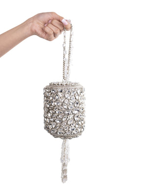 Mini Cylinder Bag Contemporary Wear Silver Mia Bag by House of Kosha