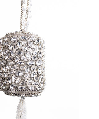 Mini Cylinder Bag Contemporary Wear Silver Mia Bag by House of Kosha