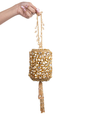 Mini Cylinder Bag Contemporary Wear Gold Mia Bag by House of Kosha