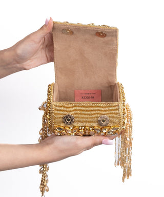 Mini Cylinder Bag Contemporary Wear Gold Mia Bag by House of Kosha