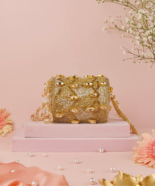 Mini Cylinder Bag Contemporary Wear Gold Rania Bag by House of Kosha
