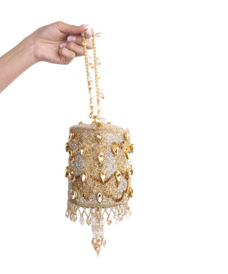 Mini Cylinder Bag Contemporary Wear Gold Rania Bag by House of Kosha