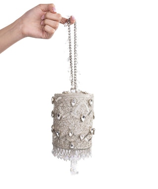 Mini Cylinder Bag Contemporary Wear Silver Rania Bag by House of Kosha