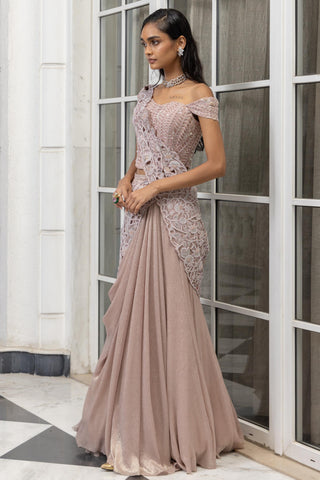 Drape saree for Contemporary Wear – Marisette Champagne by House of Armuse