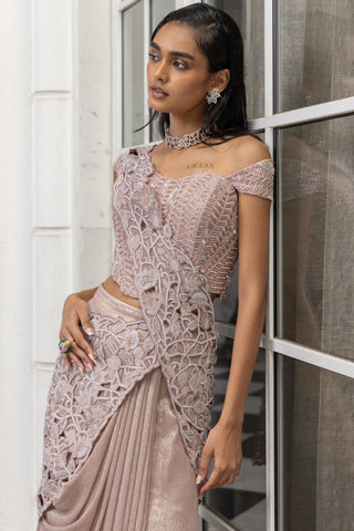 Drape saree for Contemporary Wear – Marisette Champagne by House of Armuse