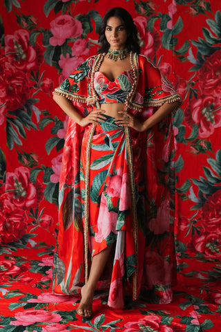 Red floral cape corset set