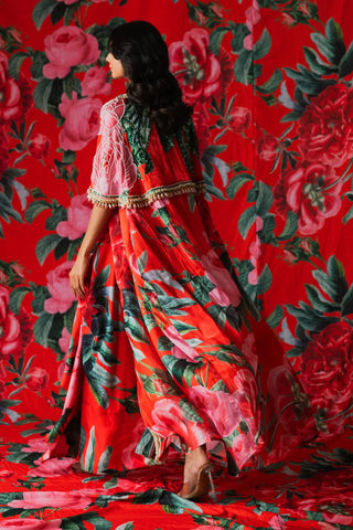 Red floral cape corset set