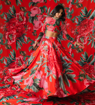 Red floral lehenga set