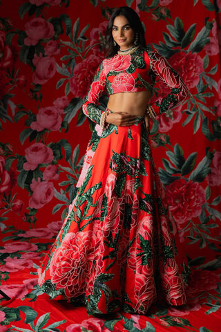 Red floral top and skirt