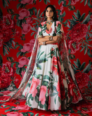White wild florals printed lehenga set