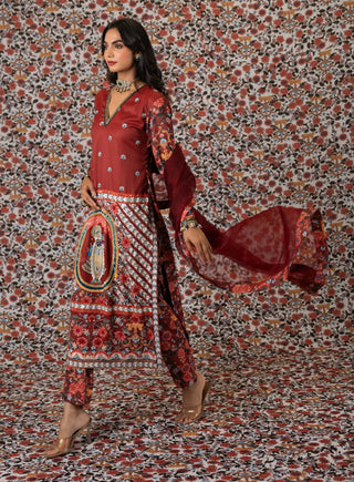 Maroon srinathji kurta paired with printed pants and dupatta