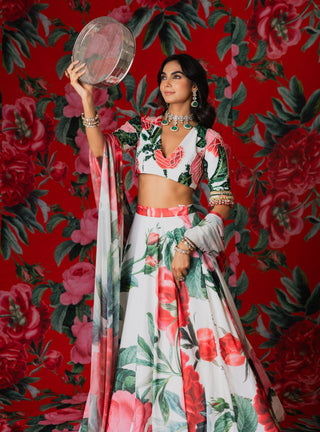 White wild florals printed lehenga set