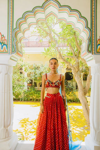 Red seashells in a meadow lehenga set