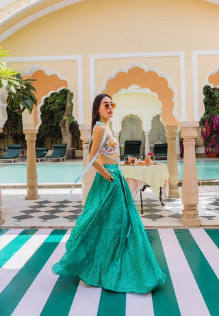 Green bandhani bralette lehenga set