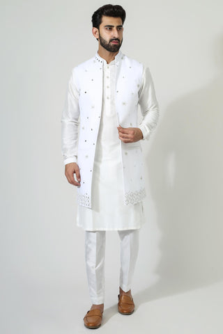 White open jacket with kurta and pyjama