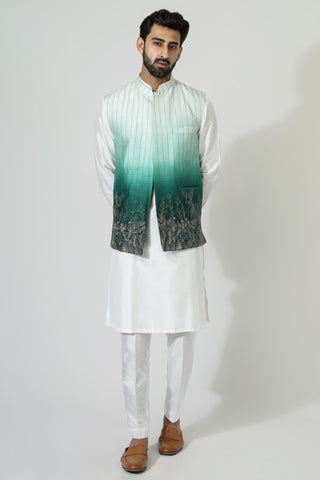 White ombre nehru jacket with kurta and pyjama