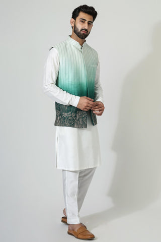 White ombre nehru jacket with kurta and pyjama