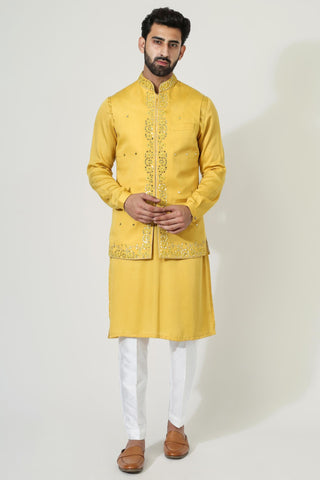 Yellow nehru jacket with kurta and pyjama