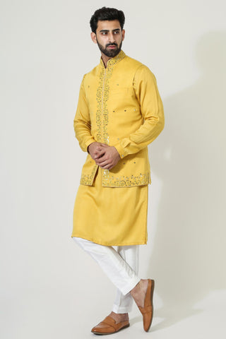 Yellow nehru jacket with kurta and pyjama