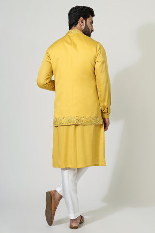 Yellow nehru jacket with kurta and pyjama