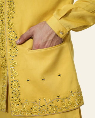 Yellow nehru jacket with kurta and pyjama