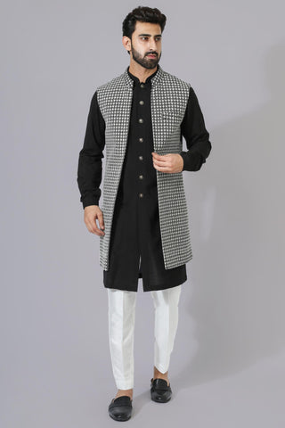 Black texture open jacket with kurta and pyjama