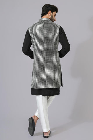 Black texture open jacket with kurta and pyjama
