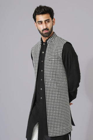 Black texture open jacket with kurta and pyjama