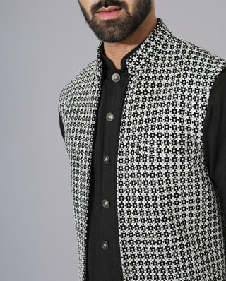 Black texture open jacket with kurta and pyjama