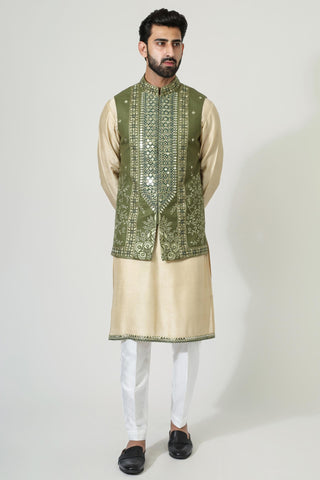 Beige kurta with mirror work jacket