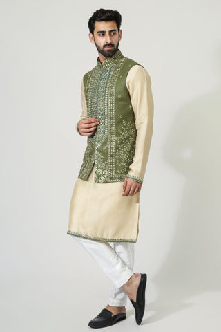 Beige kurta with mirror work jacket