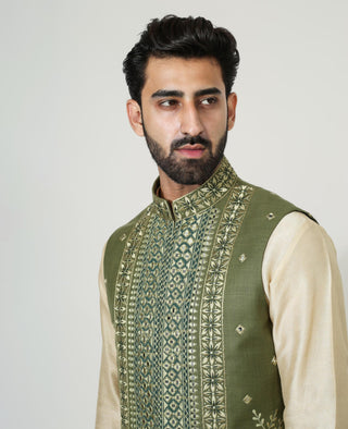 Beige kurta with mirror work jacket