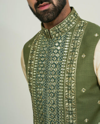 Beige kurta with mirror work jacket