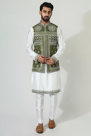 White kurta with mirror work nehru jacket