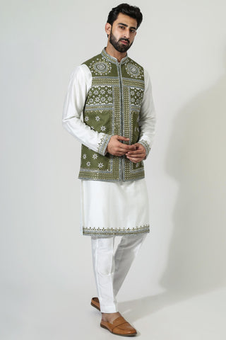 White kurta with mirror work nehru jacket