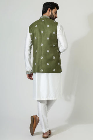 White kurta with mirror work nehru jacket