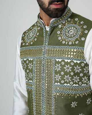 White kurta with mirror work nehru jacket