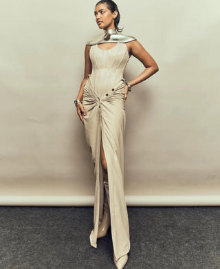 Low Waisted Skirt Edgy Wear - Beige Vinyl Skirt by Essé