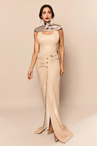 Low Waisted Skirt Edgy Wear - Beige Vinyl Skirt by Essé